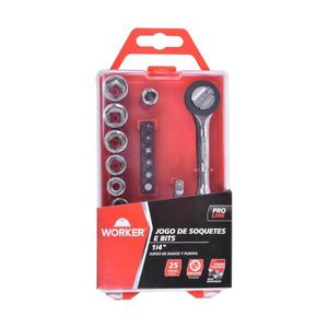 Jogo de Soquete e Bits Encaixe 1/4" 25Pçs WORKER