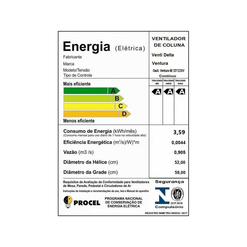 Ventilador de Coluna Ventura 60cm Bivolt VENTI DELTA
