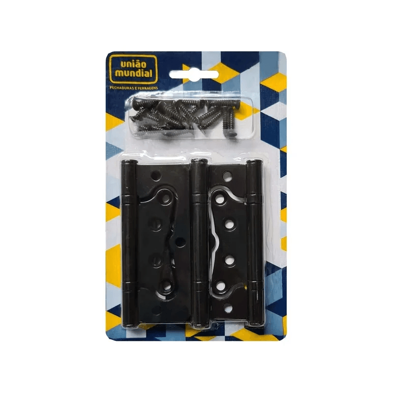 Dobradiça Aço Sobrepor 4" Preto 3 Peças UNIAO MUNDIAL